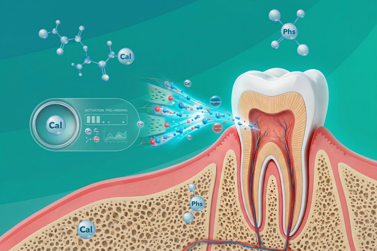 Infográfico explicativo da tecnologia Pro-Argin mostrando a ativação de cálcio e fosfato na estrutura interna de um dente.