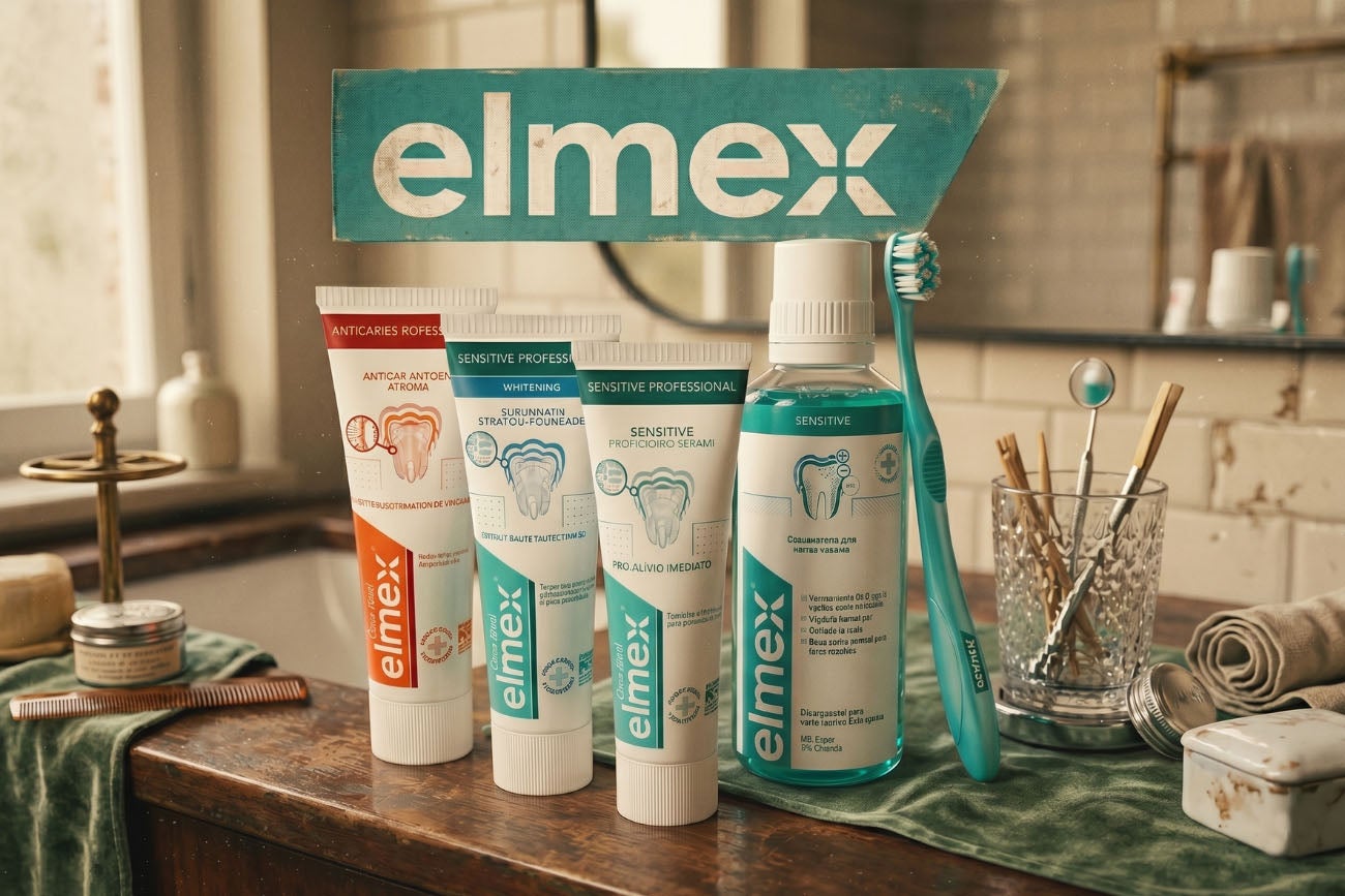 Produtos de higiene bucal Elmex como cremes dentais, enxaguante e escova organizados em uma bancada vintage de banheiro.