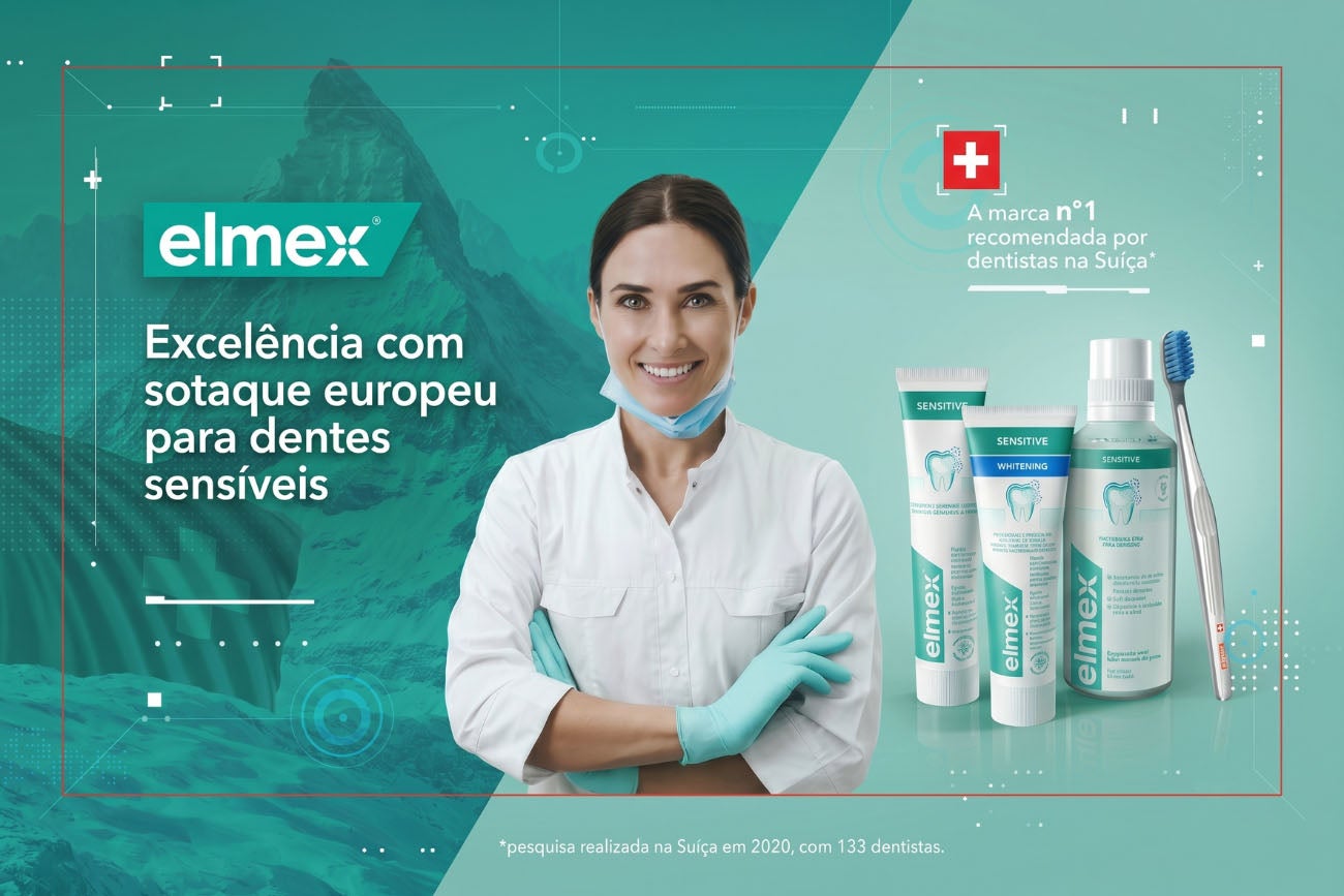 Dentista mulher sorrindo de jaleco branco ao lado de produtos Elmex Sensitive e texto sobre recomendação na Suíça.